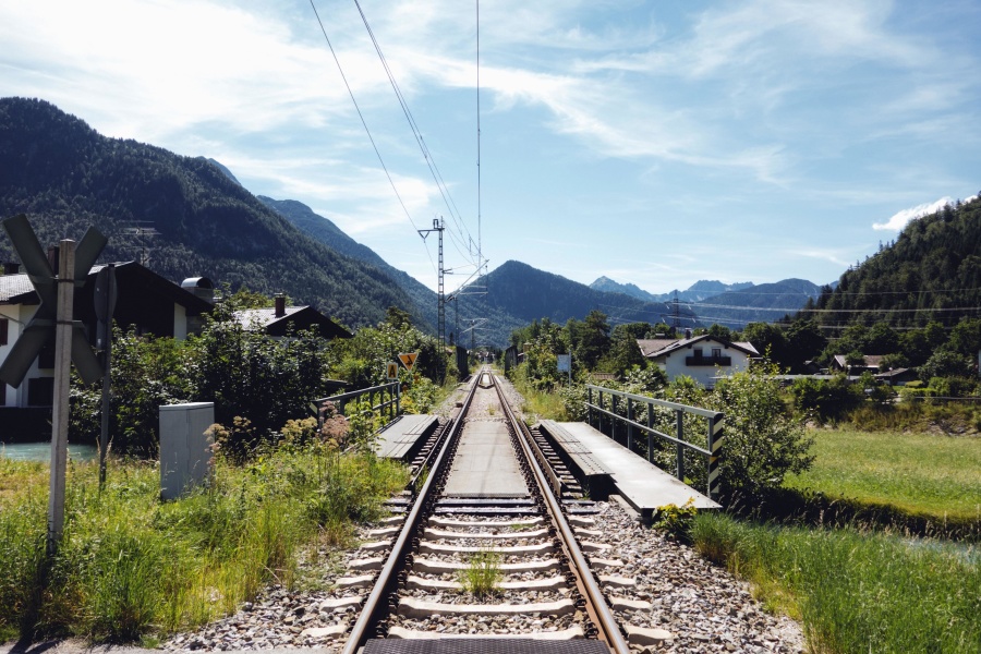 Railway, wire, jernbane, hus, bjerg, transport