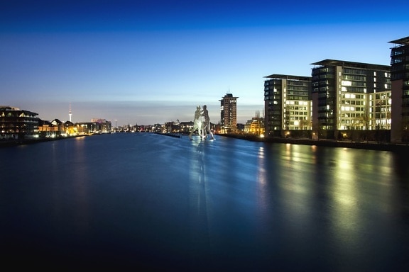 building, city, river, water, light, reflection, night