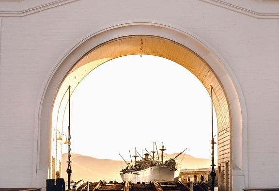 arco, navio, Porto, montanha, bandeira, mar, transporte