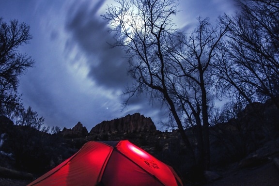 tent, light, nature, forest, moon, mountain, rocks
