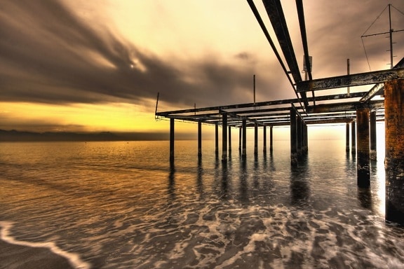 pilar, dock, vann, hav, sand, kysten og solnedgang