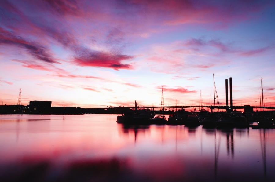 sea, dock, boat, water, reflection, sunset