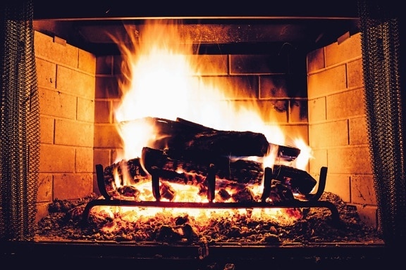 fireplace, fire, wood, flame, smoke, heat, metal, brick
