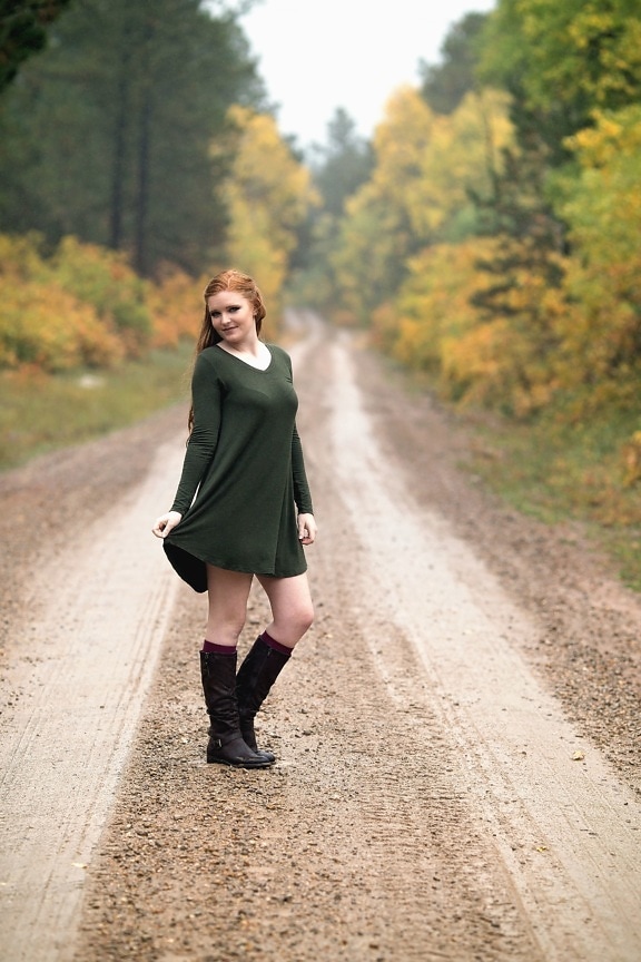 road, girl, redhead, forest
