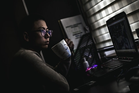 man, eyeglasses, cup, computer, programmer, laptop computer, technology