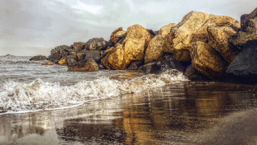 Mar, ola, reflexión, piedra, arena, playa