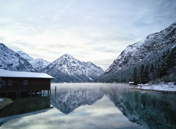 dům, jezero, pobřeží, voda, sníh, zima, reflexe
