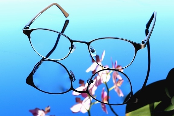 briller, glass, blomst, refleksjon, metall