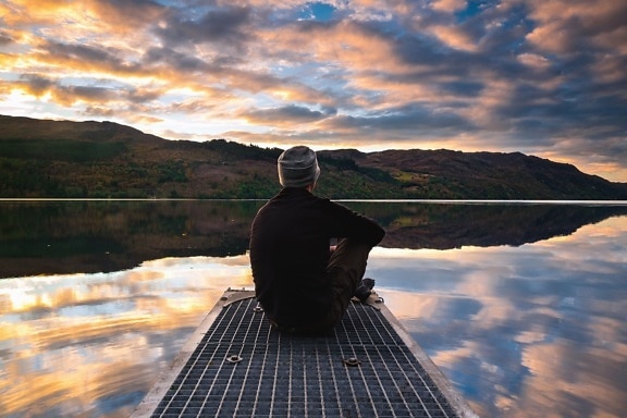 reflection, mountain, man, dock, water, lake, sky, cloud