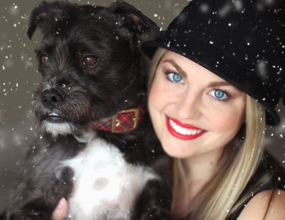 girl, dog, animal, pet, photo model, makeup, hat, snow, snowflake