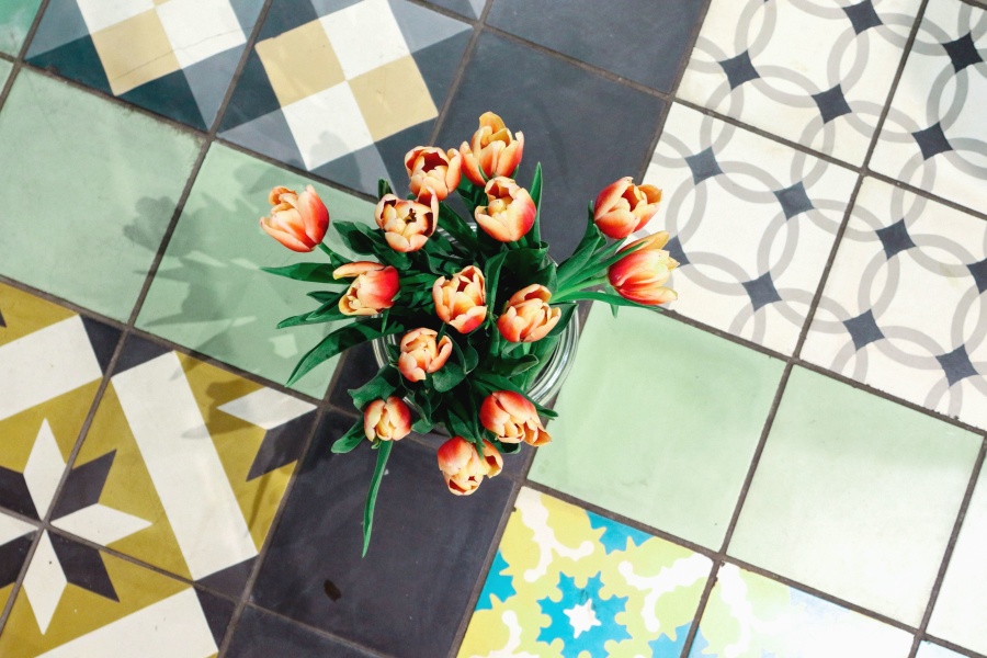 Tulipán, jarrón, azulejos, decoración