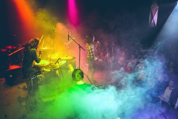müzik, gece, grup, konser, duman, ışık, mikrofon, renk