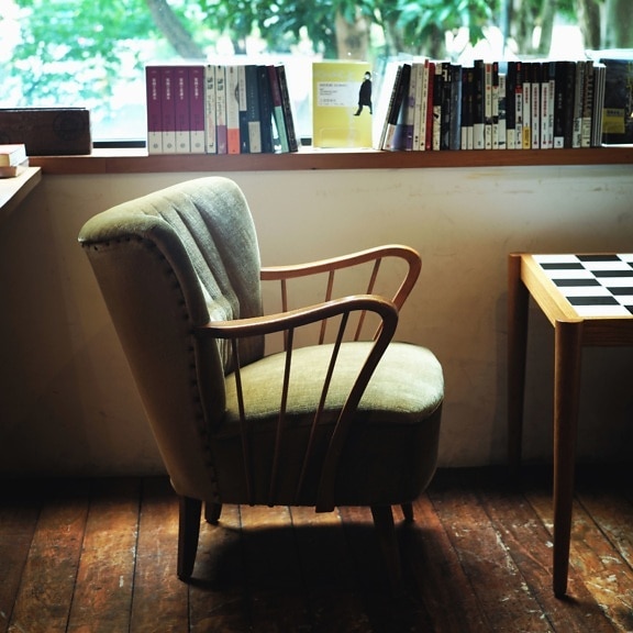 stoel, boek, tafel, meubelen, venster, glas
