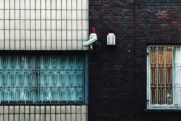wall, brick, surveillance camera, security, window, grille, metal
