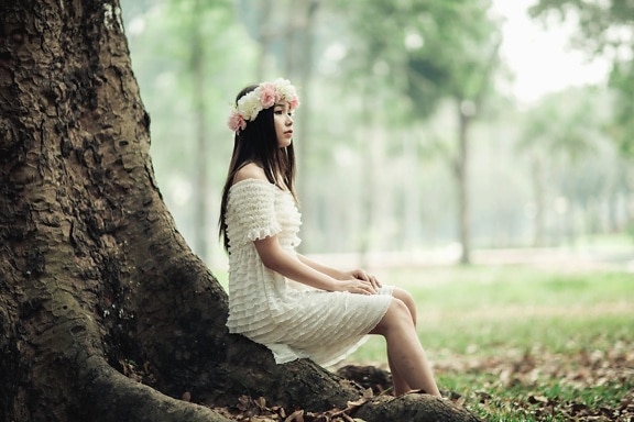 girl, photo model, flower wreath, tree, dress, forest, nature