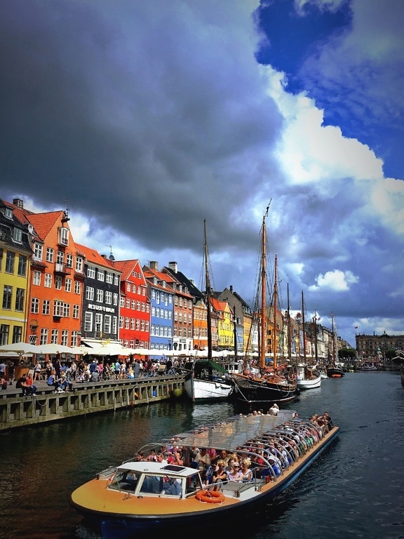 boat, tourist, channel, water, building, facade, colorful, cloud, sky, coast