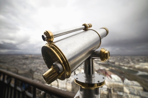 telescope, lens, looking, metal, fence, city, cloudy
