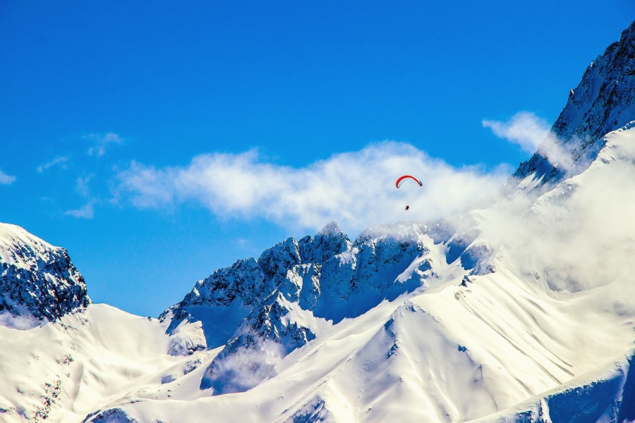 Спорт, парашют, человек, горы, небо, снег, холодный, зимний