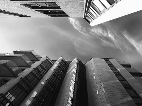 sky, cloud, black and white, building, architecture, facade, terrace