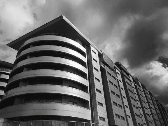 building, black and white, complex, architecture, cloudy, sky
