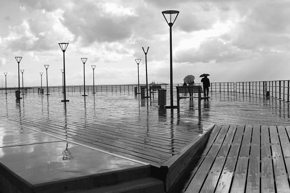 plank, rain, fence, cloudy, street lamps, people, umbrella