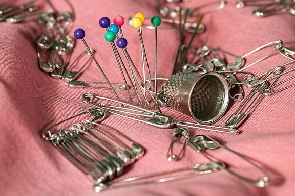 needle, thimble, sewing, pins, safety pins