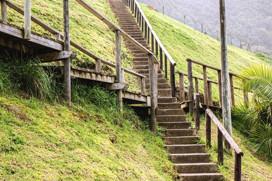 stairs, fence, wood, fiels, mountain