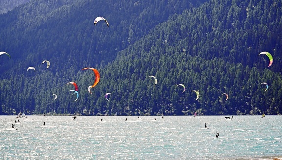 вода, море, лято, ваканция, небе, пътуване, забавление, парашут, вятър
