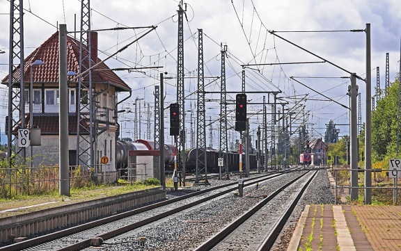 Estación, pista, conexión, transporte, ferrocarril, ferrocarril, semáforo