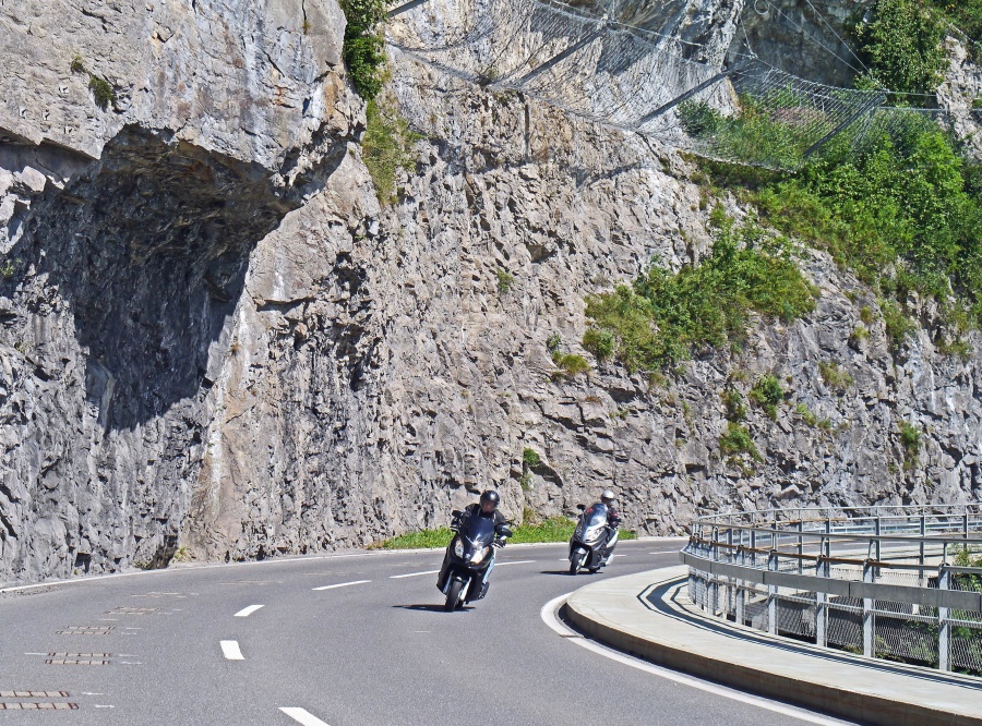 veien, bend, fjell, asfalt, motorsykkel, gjerde, klippe