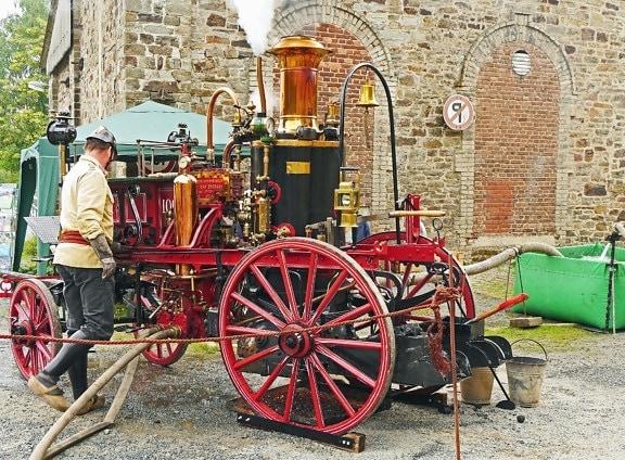 Machine, pompier, pompe, antique, roue, bois, tuyau