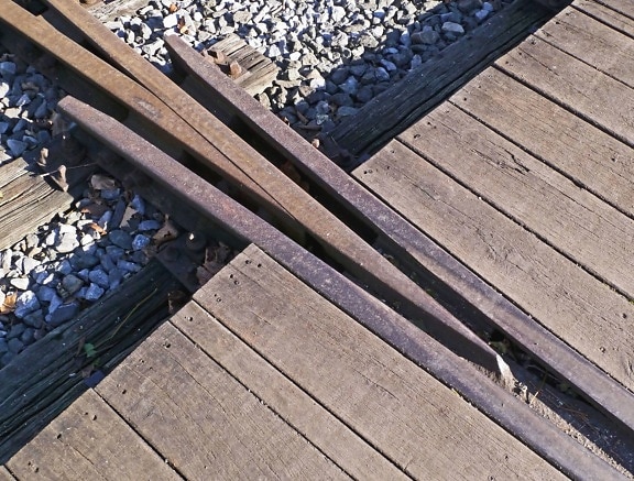 Métal, chemin de fer, croisement, rail, pierre, planche