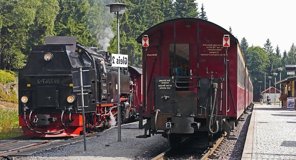 mozdony, vonat, jármű, állomás, vasúti, utas