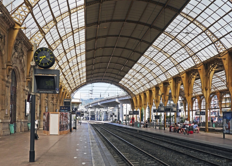Stasiun, konstruksi, kereta api, orang, perjalanan, clock