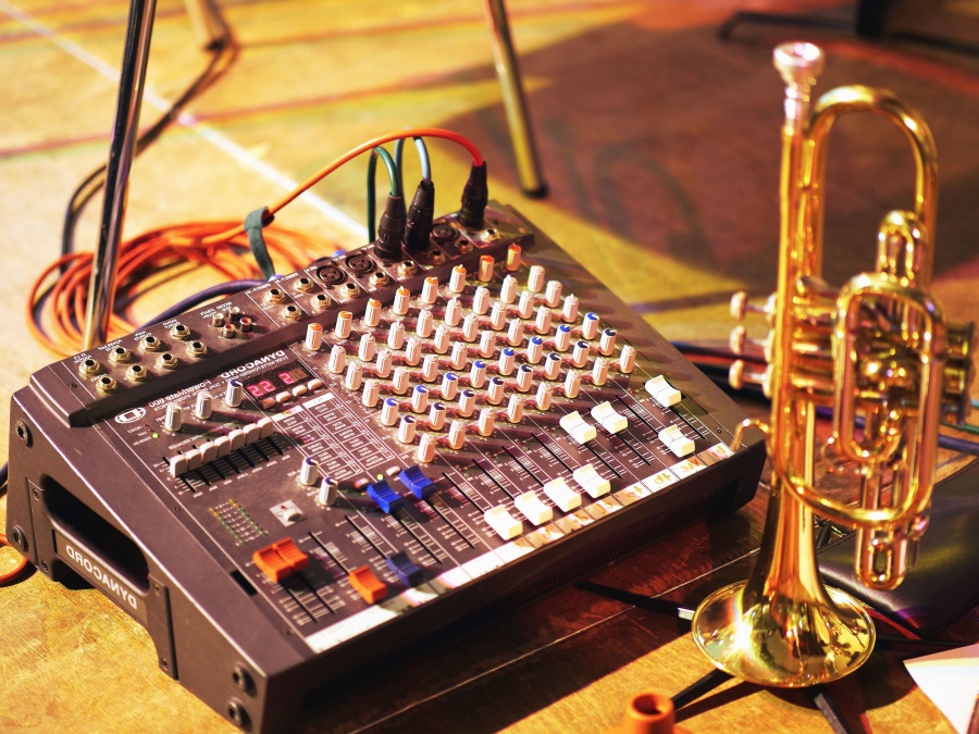 messinginstrument, trompet, elektronik, lyd, udstyr