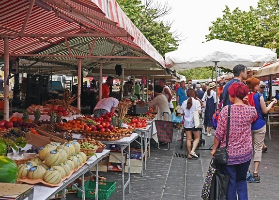 Mercado, multitud, vendedor, vegetal, fruta, gente, orgánico, comida