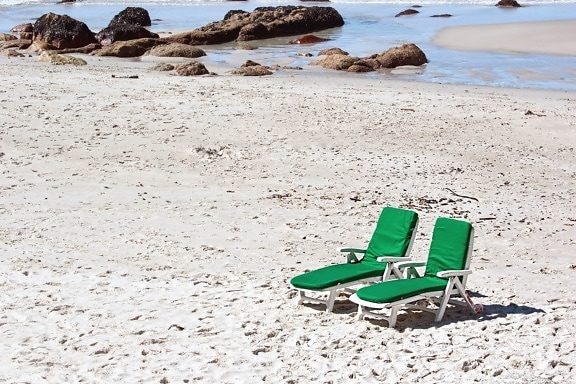 deck chairs, sand, coast, sea, rock, water, sun, vacation, summer
