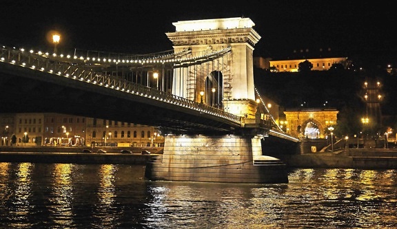 arsitektur, kota, jembatan, sungai, refleksi, malam, air