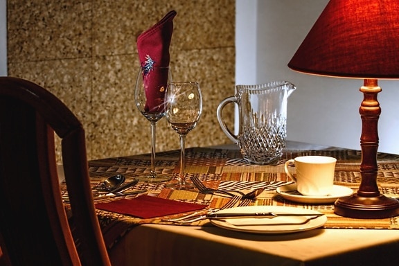 glas, kopp, tallrik, kniv, lampa, bord, dekoration, servett