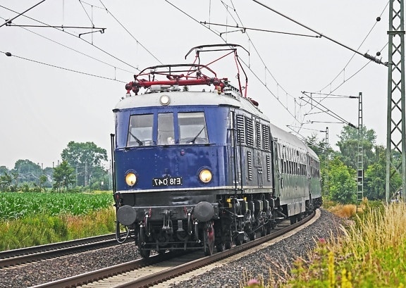 locomotive, passenger, railroad, train, electricity, field