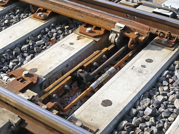 metal, screw, rail, concrete, stone, railroad, connecting