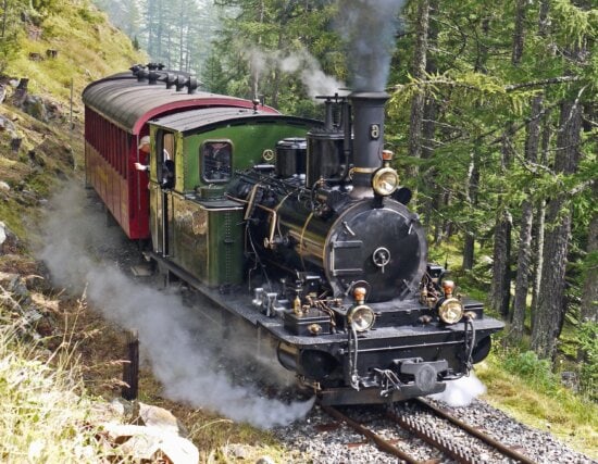 mountain, forest, locomotive, attraction, smoke, steam engine, tourism