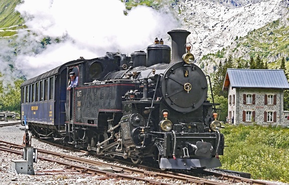 Steam lok, berg, transport, tåg, hus, railroad, ånga, rök