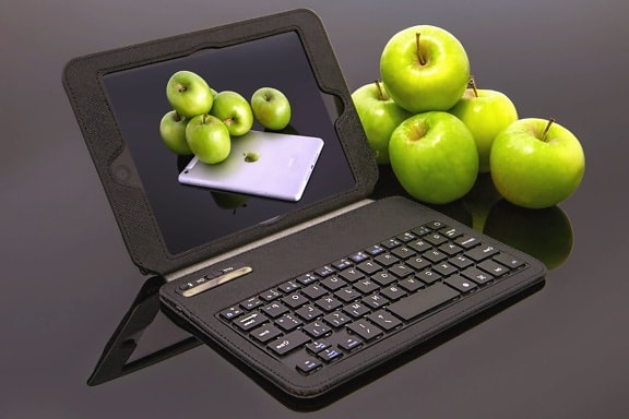 Ordinateur portable, pomme, fruit, technologie, nourriture, commerce, nourriture