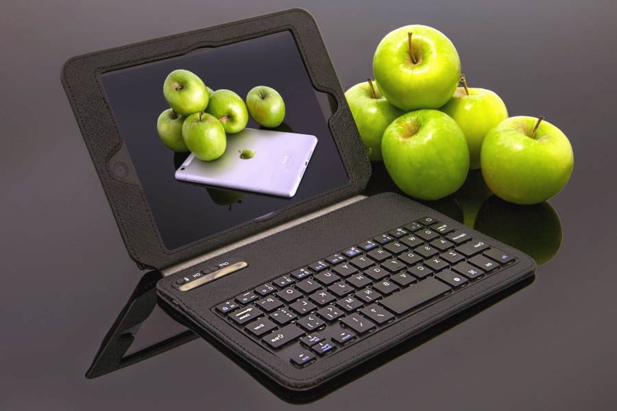 laptop, alma, gyümölcs, technológia, élelmiszer, üzleti, élelmiszer
