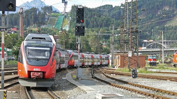 lokomotiva, mehanika, željeznica, vlak, putnika, planine, na semaforu