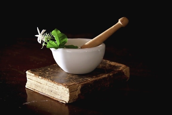 bowl, porcelain, plant, book, prescription, cure, nature