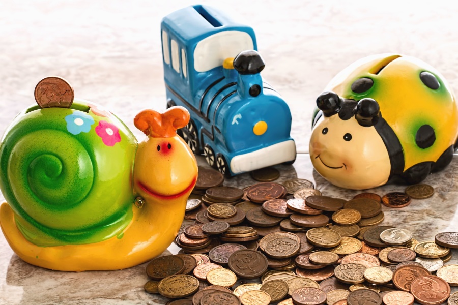 ladybug, snail, train, toy, savings, money, metal