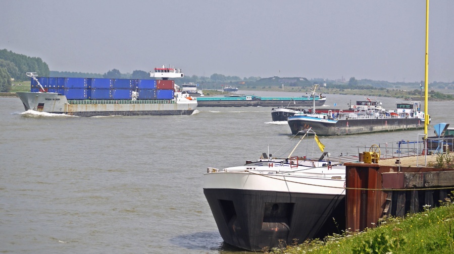 Barco, río, transporte, carga, costa, contenedor