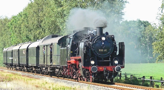 locomotive, train, smoke, vapor, metal, meadow, wood, travel